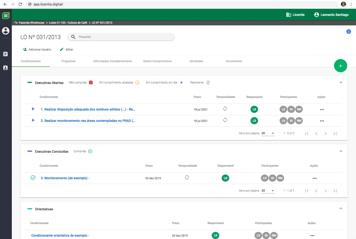 Lista de condicionantes ambientais com status, prazo e responsável no Licentia