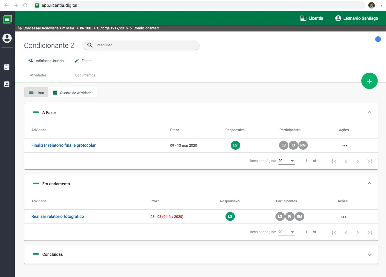 Planejamento de atividades com datas planejadas e realizadas no Licentia